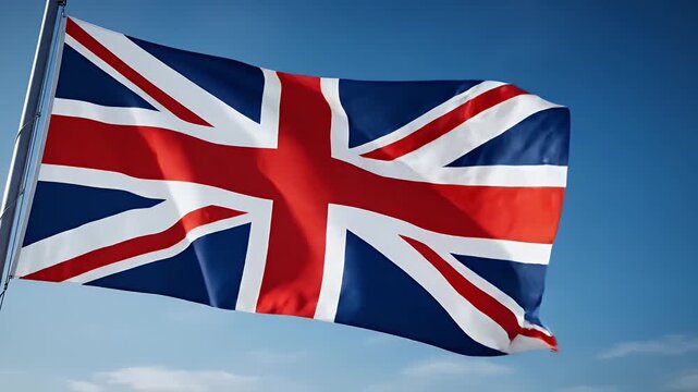 Union Jack Flag Waving Against Blue Sky - A vibrant Union Jack flag ripples and waves proudly against a clear, bright blue sky.