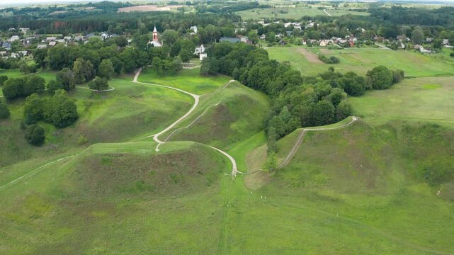 Aerial view of Kernavė hill forts and Neris river valley, Lithuania