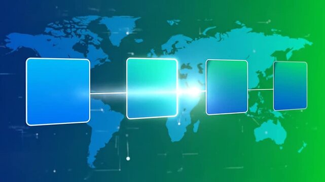 A digital world map background with four empty square frames for information