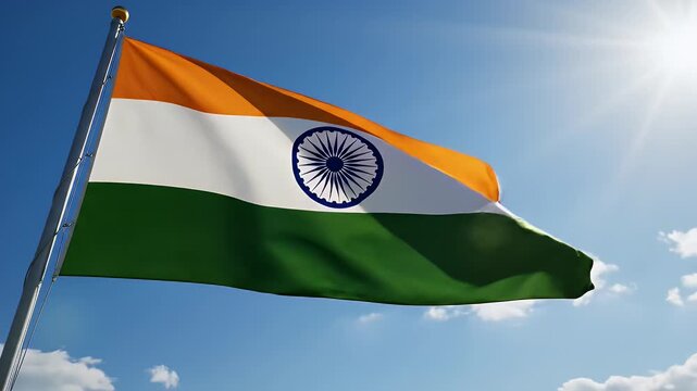 Vibrant Indian Flag Waving Against Bright Sunny Blue Sky - A vibrant Indian flag, with its iconic saffron, white, and green stripes, flutters gracefully against a clear, bright blue sky.