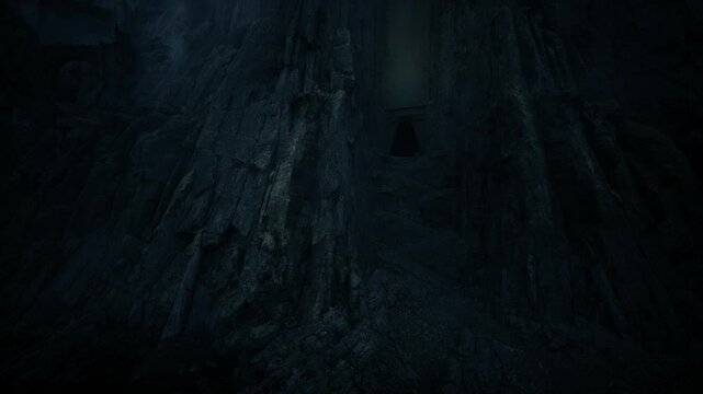 Mysterious basalt formation concealing underground passageways. Shadowed rocky face hiding concealed cavern for explorers and archaeologists