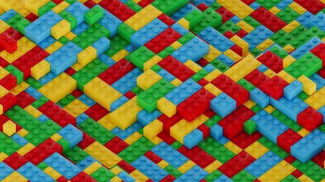 Colorful interlocking plastic blocks bricks toy forming a geometric pattern. 3d CGI loop animation view