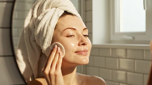 Young Woman Cleansing Face with Cotton Pad - A young woman with a towel wrapped around her head gently wipes her face with a soft cotton pad.