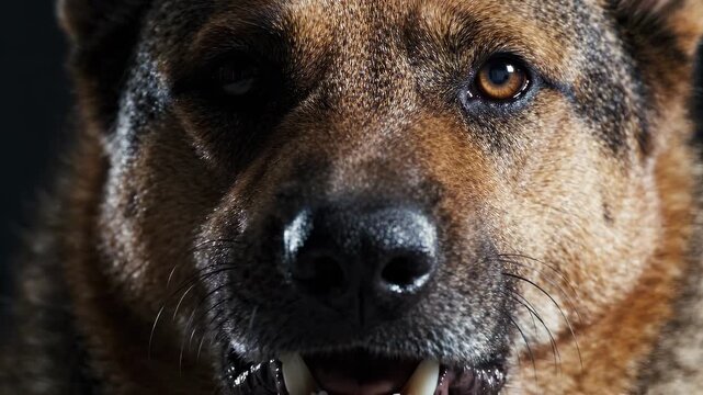 Extreme close-up of German Shepherd muzzle and upper face in sustained snarl. Raised fur ridges fill lower frame as hard amber eyes burn with absolute fixed intensity. Predator stare concept