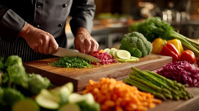 Professional chef chopping fresh green vegetables on a wooden cutting board in a restaurant kitchen.
