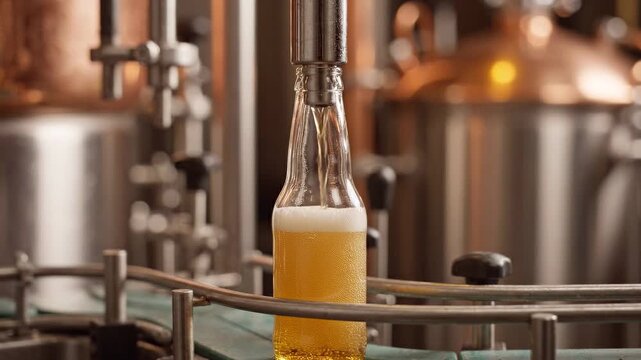 Golden amber beer fills clear bottle on craft brewery bottling line rising steadily through glass. Carbonation bubbles form at walls. Crown of foam settles at neck after filling. Bottling process