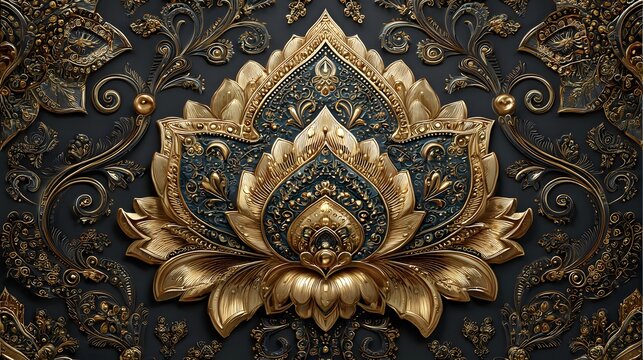 Ornate 3D gold embossed lotus flower pattern on a dark black background. Luxury damask style texture.