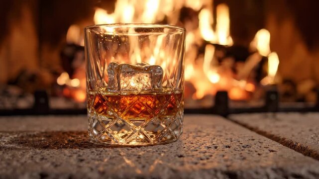 Crystal glass of amber whisky with large clear ice cube sits on stone fireplace hearth. Fire behind illuminates liquid with warm dancing orange glow. Firelight concept