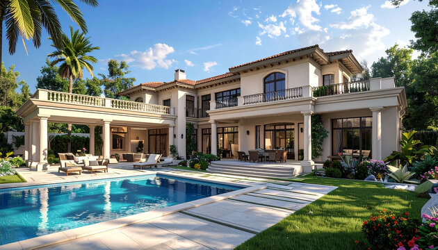 Luxury mansion exterior poolside