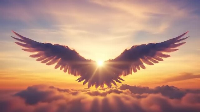 Angel Wings Flying Through Sunset Clouds.