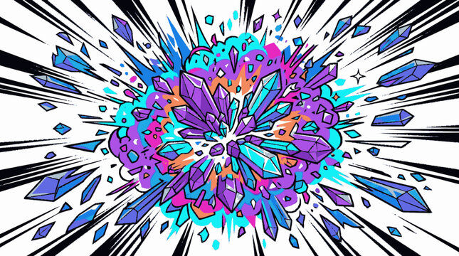 Dynamic comic art illustration of an exploding burst with scattered pu