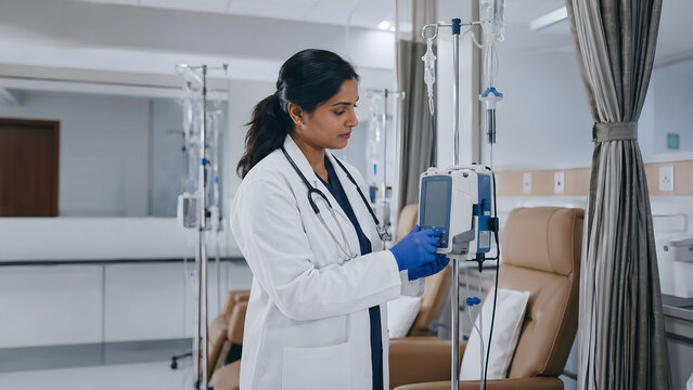Doctor adjusting medical infusion pump in a modern hospital ward
