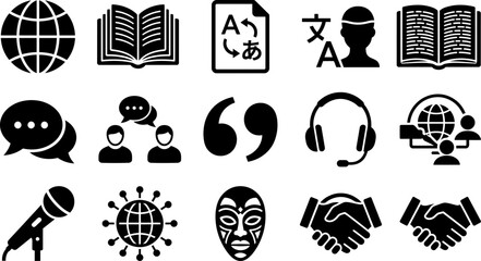 Set of black flat vector icons representing communication and global language services. © siti