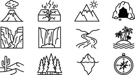 Set of nature and geography line icons depicting landscapes and natural phenomena. © siti
