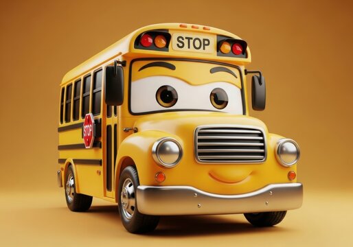 Cute cartoon school bus with a friendly face isolated on white background
