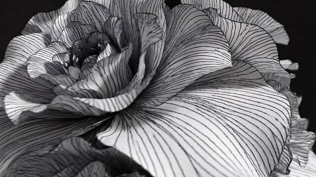 Abstract Black and White Floral Line Art - A close-up, abstract view of a floral arrangement in black and white, showcasing intricate, delicate line work on its petals.