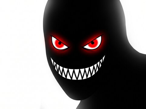Creepy monster face, evil character illustration, red eyes, sharp teeth, black silhouette