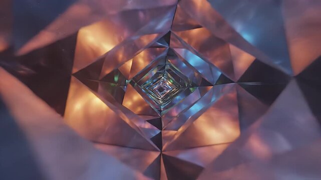 Abstract Geometric Tunnel with Vibrant Light Refractions - A mesmerizing abstract tunnel formed by interlocking geometric shapes, primarily triangles, bathed in vibrant, colorful lighting.
