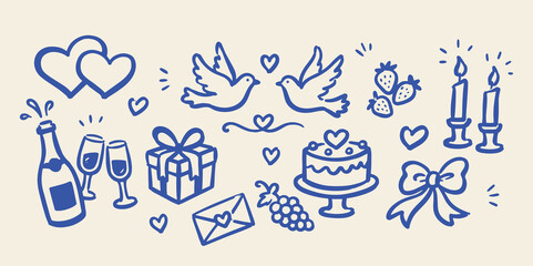 Fototapeta na wymiar Wedding Love Icons Set Naive Doodle Vector Illustration