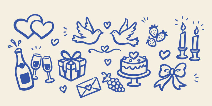 Wedding Love Icons Set Naive Doodle Vector Illustration
