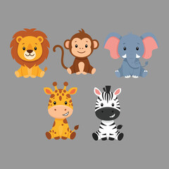 Fototapeta premium Sitting baby wild animals including lion and zebra