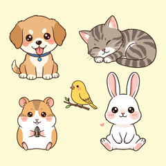 Fototapeta premium Cute domestic pets including puppy kitten and rabbit