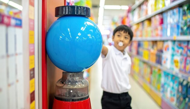 Young Boy Reaching for Bright Blue Bubblegum from Dispenser in Store Aisle