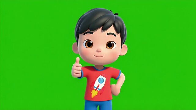 Animated Boy Winking and Giving Thumbs Up on Green Screen - A cheerful animated boy character with dark hair winks and gives a thumbs-up gesture.