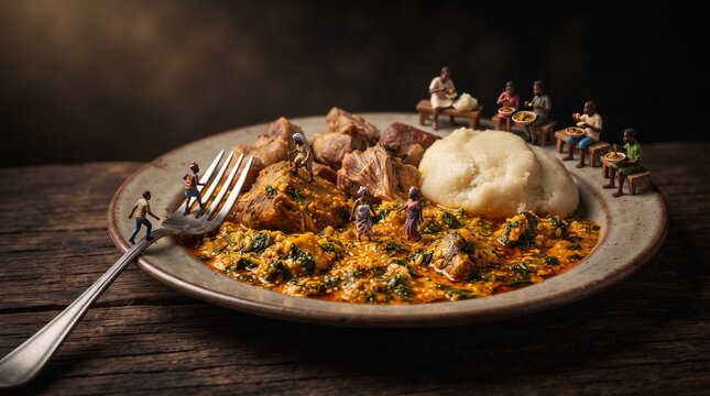 Miniature people around African fufu and egusi soup with meat