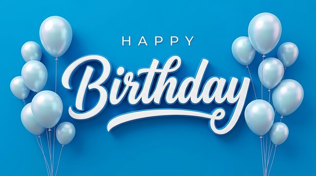 Happy birthday card with silver balloons and elegant calligraphy on a blue background
