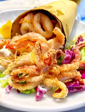 Fried mixed seafood Italian authentic food.