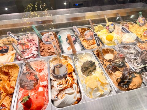 Authentic Italian gelato, ice cream shop natural delicious sweet, real Italian food.