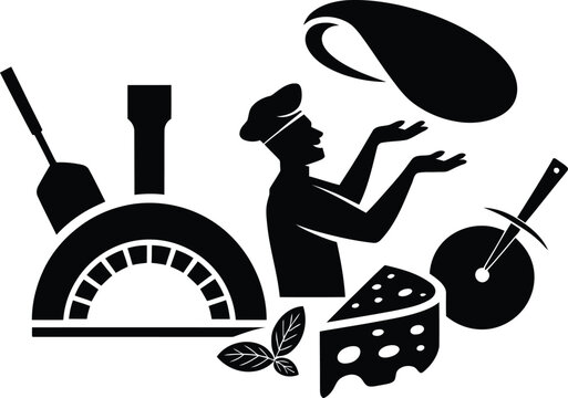 Pizza chef silhouette making pizza dough icon set with oven cheese and cutter silhouette restaurant isolated culinary delicious pizzeria equipment profession ingredients traditional