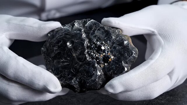 Authentic Iron-Nickel Meteorite Specimen with Fusion Crust - A gloved hand holds a fragment of a genuine iron-nickel meteorite, showcasing its textured fusion crust and internal crystalline structure.