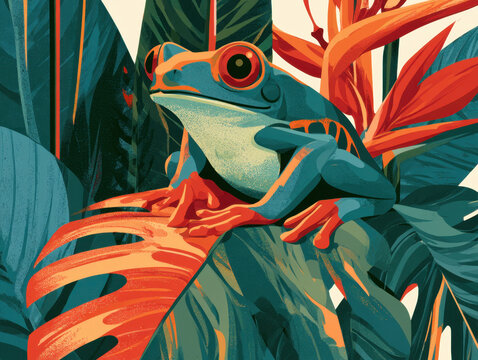 vibrant vector style illustration of a blue red eyed tree frog perched on large tropical green monstera leaves and orange exotic flowers beautiful wildlife rainforest nature graphic design print