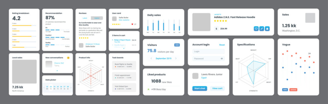Modern dashboard UI template with various data charts and information widgets.

Minimalist user interface kit design for business analytics and web applications.
