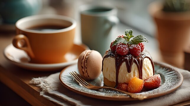 Delicious chocolate syrup cake dessert with fresh raspberries and a macaron, hot coffee in the cafe background.