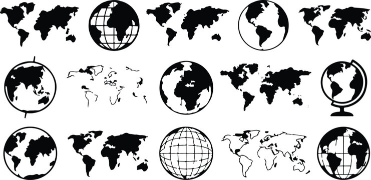 Vector geographic silhouettes 15 globe world map bundle
