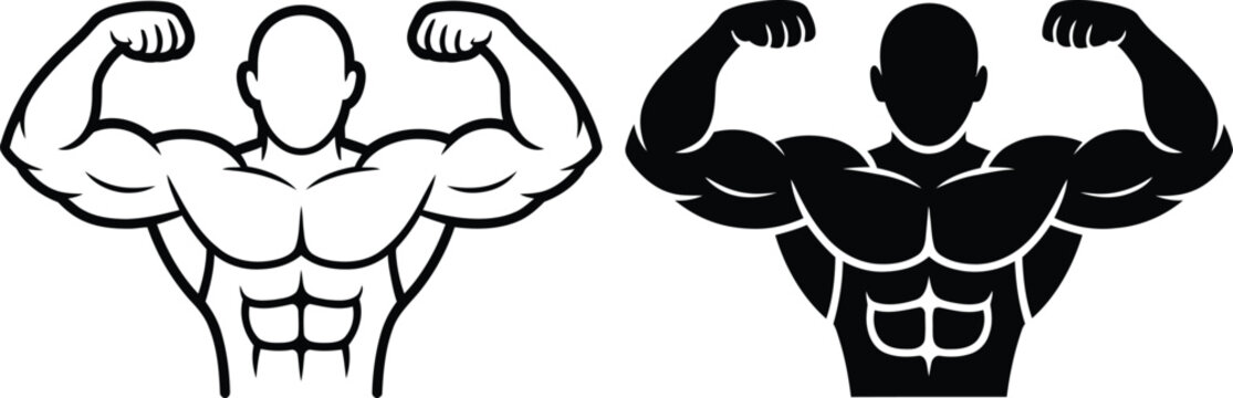 Bodybuilder flexing both arms icon set showing muscular physique with bodybuilder strength physique athletic exercise training masculine silhouette muscular weightlifting determination