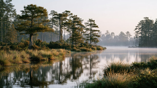 Bald cypress water tupelo swamp reflection mist wetland serene river at sunrise with fog and forest shoreline