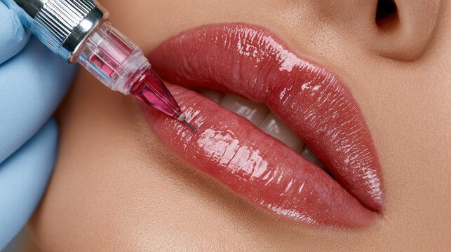 Lip cosmetic injection lip filler close up glossy lip needle during cosmetic lip filler injection, close up glossy lip