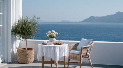 Fototapeta premium Seaside terrace ocean view white terrace wicker chair breakfast table potted olive tree serene summer escape