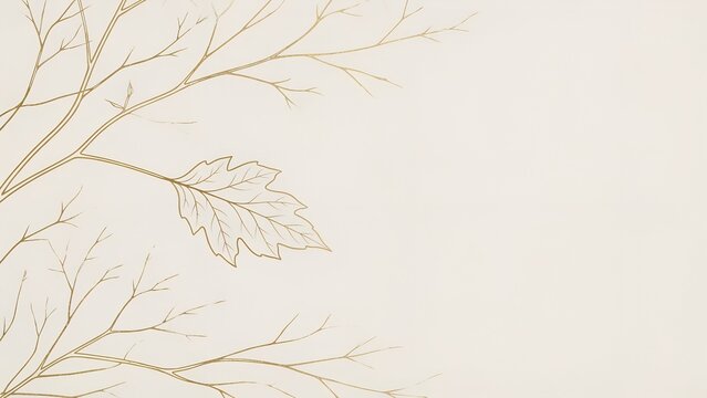 Elegant Minimal White Autumn Botanical Background With Golden Leaf Outline
