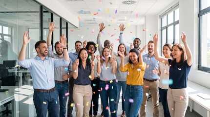 Obraz premium Team Celebrating Success in Modern Office with High Spirits and Raised Hands
