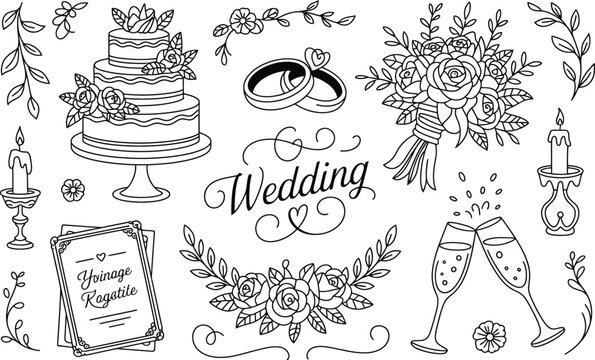 Hand drawn wedding celebration set with cake rings bouquet and champagne glasses sketch celebration marriage champagne ceremony illustration toasting invitation collection elements