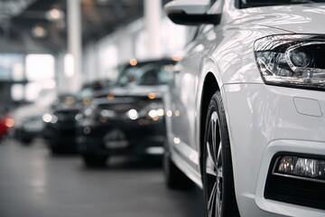 Naklejka premium Confident car sales consultant standing in a modern automobile showroom, representing automotive sales, customer service, dealership professionalism, and vehicle purchasing.