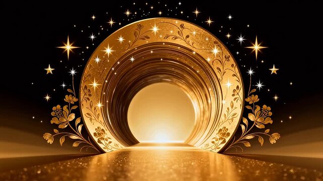 Golden ornate circular portal with floral design