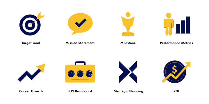 Goals and Business Success solid icon set. Includes symbols for Target Goal, Milestone, KPI Dashboard, and ROI. Solid vector icons for mission statement, performance metrics, and career growth. 