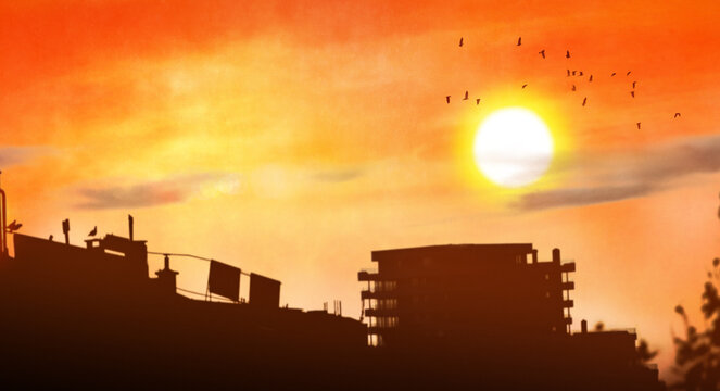 sun in scorching summer day in heat wave, hot weather in city