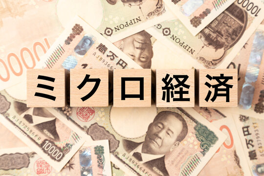 「ミクロ経済」と書かれたブロックとたくさんの一万円札